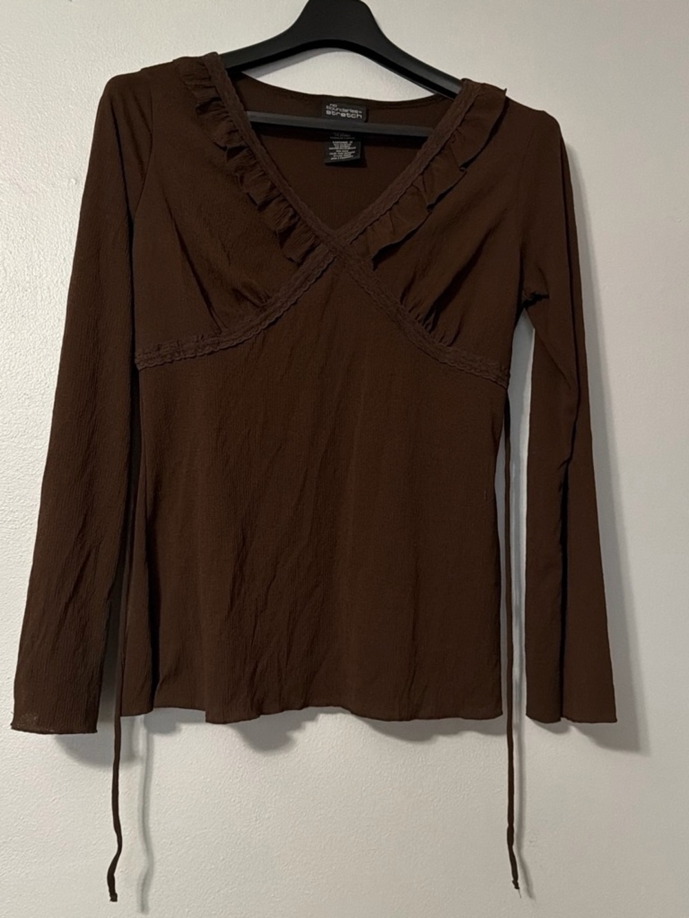 No Boundaries Brown Long-Sleeve Ruffle V-Neck Top